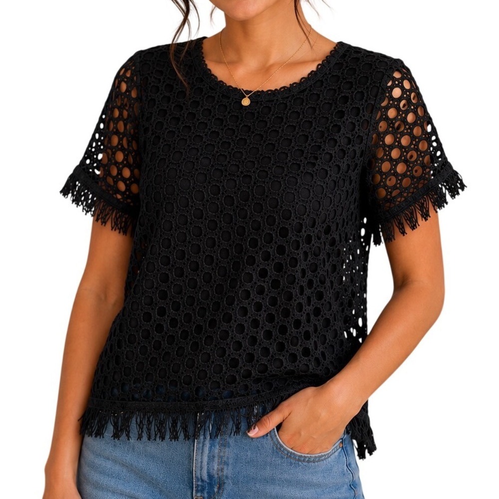 Lucy Paris Midnight Muse Crochet Boho Top - Short Sleeve Fringe‎ Hem  - Small